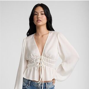 Express Cream Ruched V-Neck Blouse